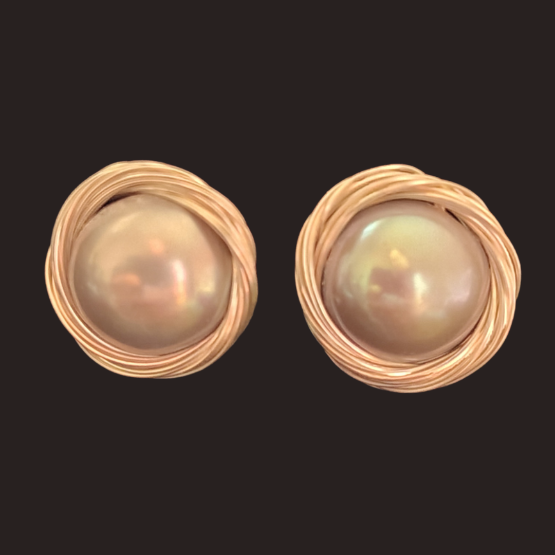 Silver Freshwater Pearl Gold Nest Stud Earrings