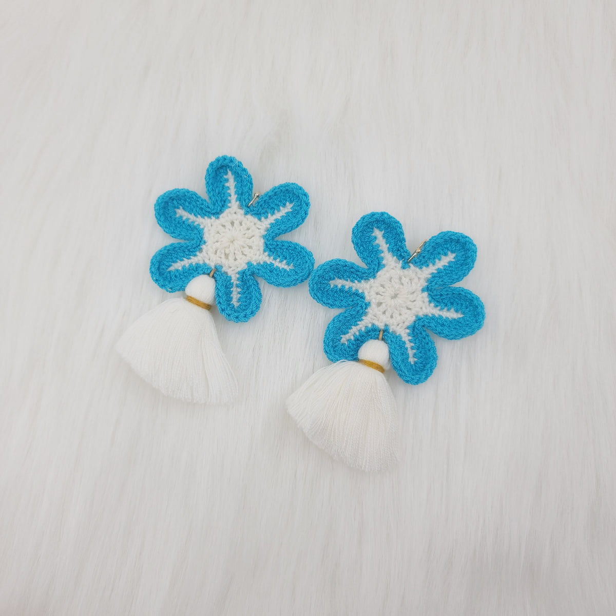 Blue Flower Crochet With White Tassel Earrings