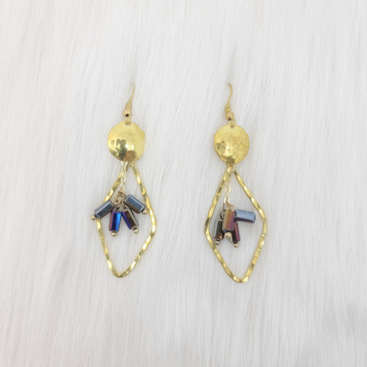 Hammered Diamond Shape Dangle With Crystal Earrings