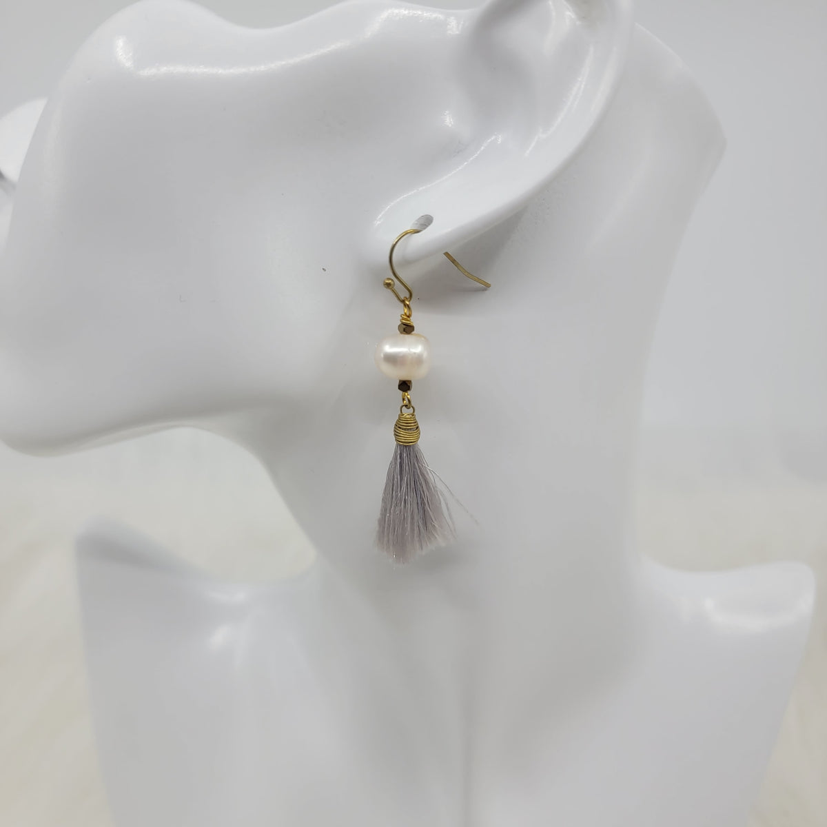 Gray Tassels Earrings With Pearl