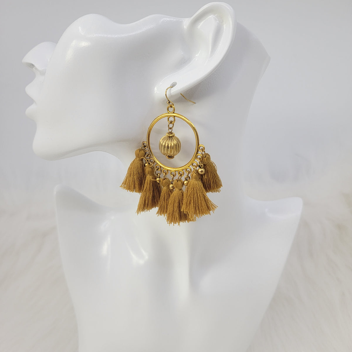 Brass Circle With Mustard Tassels Earrings