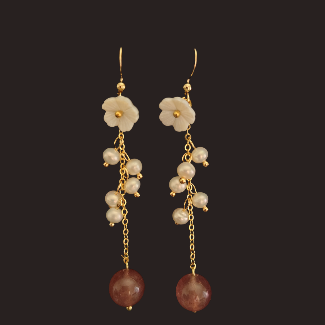 Strawberry Quartz & Freshwater Pearl Flower Earrings