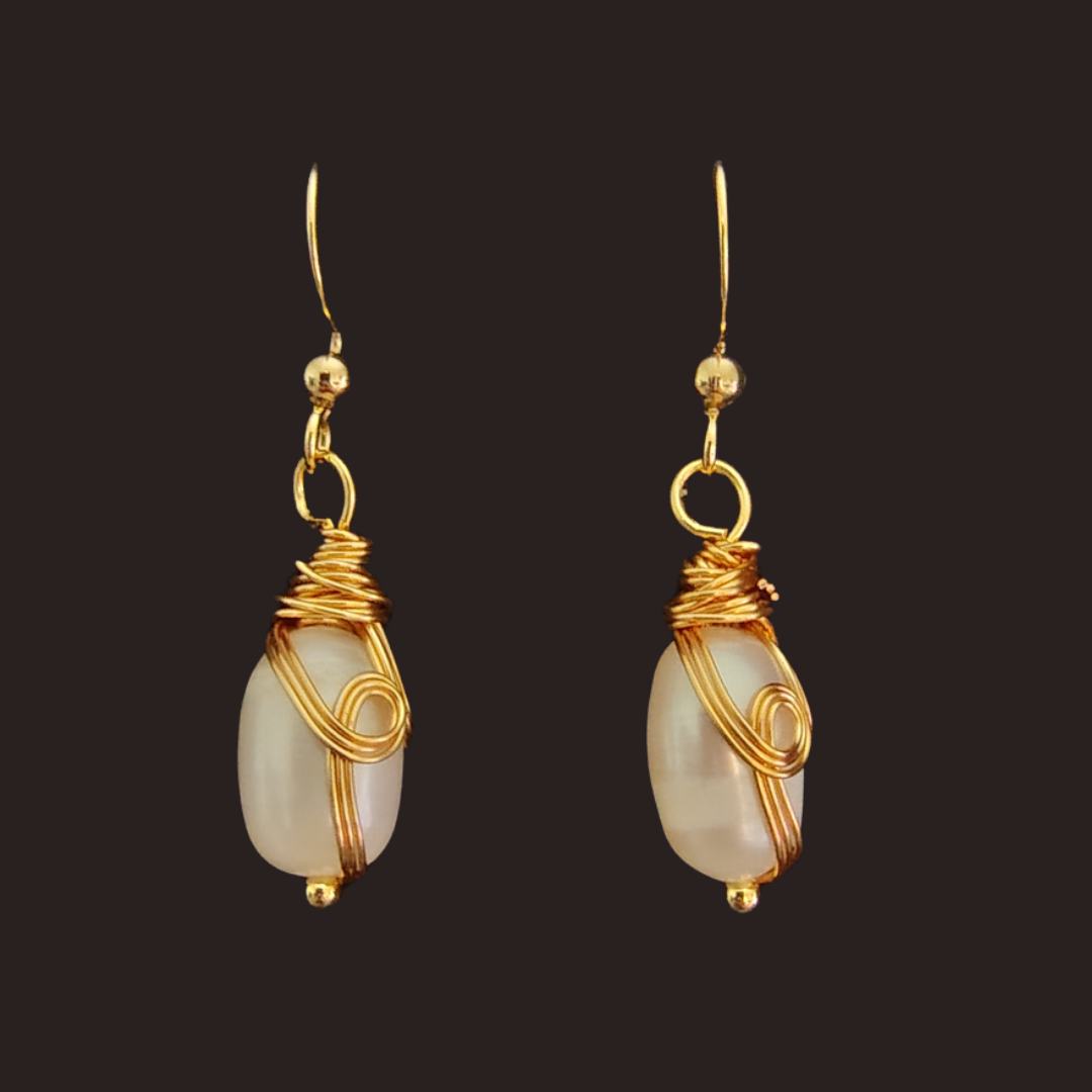 Freshwater Pearl Gold Wire-Wrapped Earrings