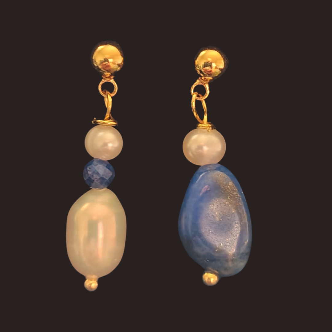 Mismatched Pearl &amp; Lapis Lazuli Drop Earrings