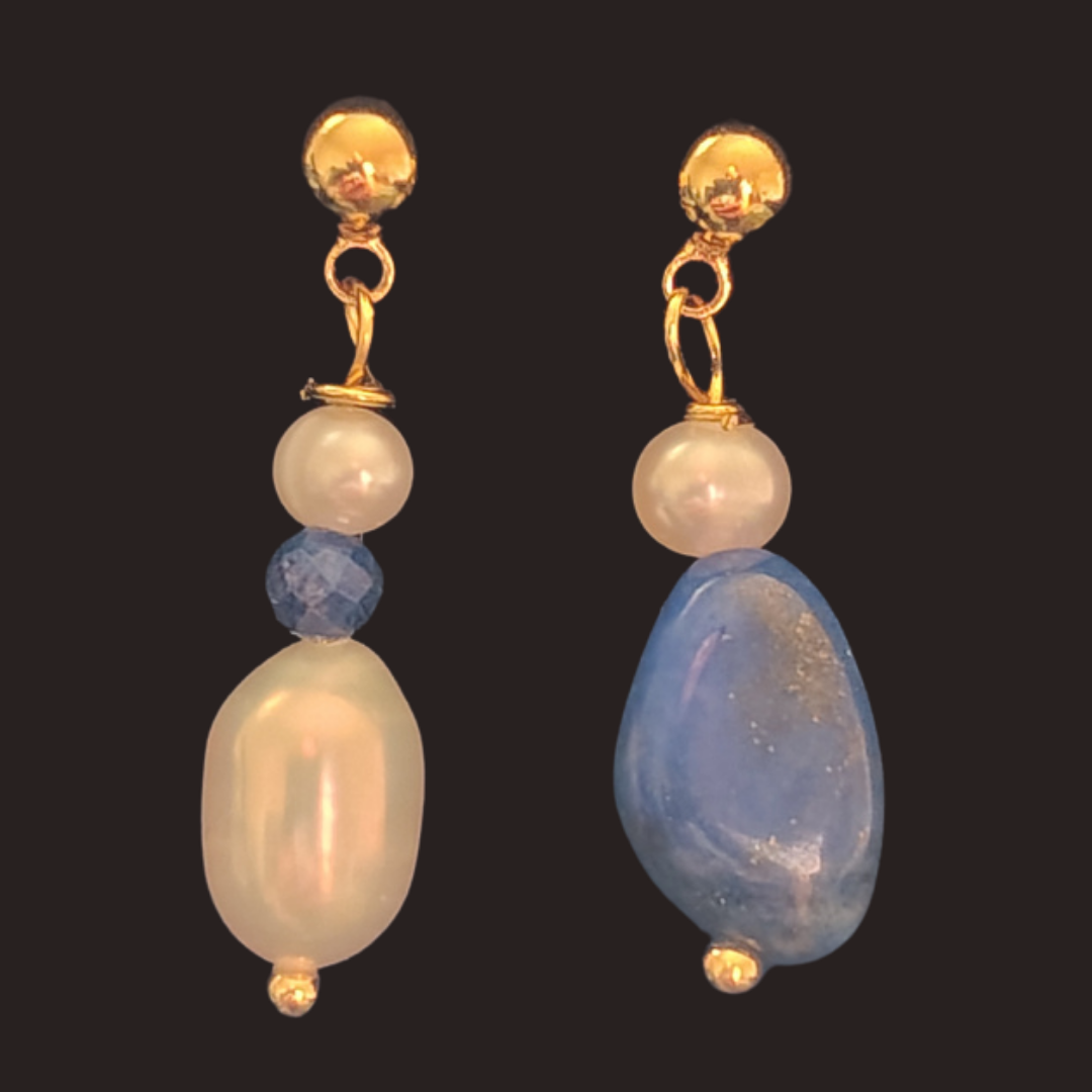 Mismatched Pearl &amp; Lapis Lazuli Drop Earrings