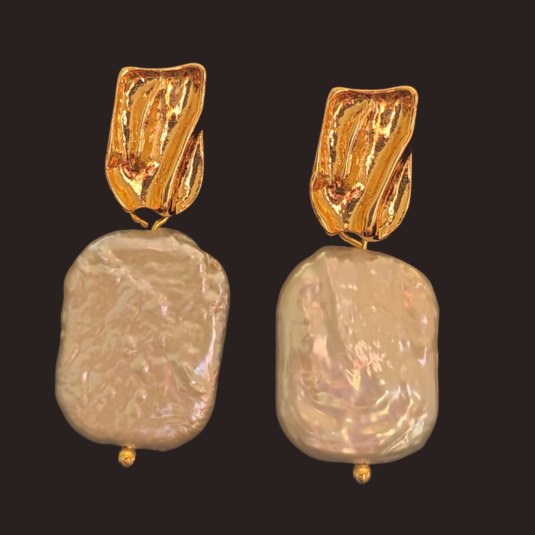 Gold Geometric Baroque Pearl Stud Earrings