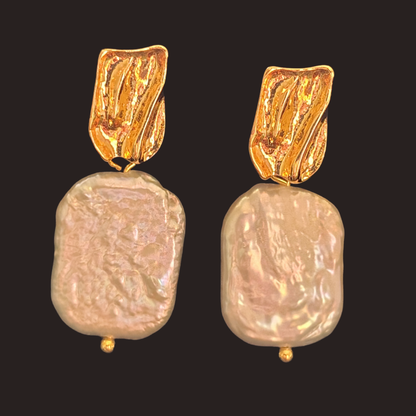 Gold Geometric Baroque Pearl Stud Earrings