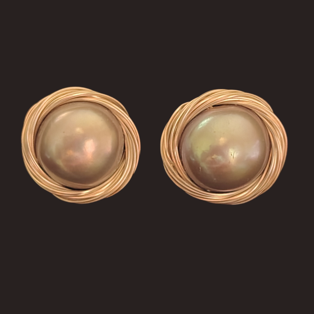 Silver Freshwater Pearl Gold Nest Stud Earrings