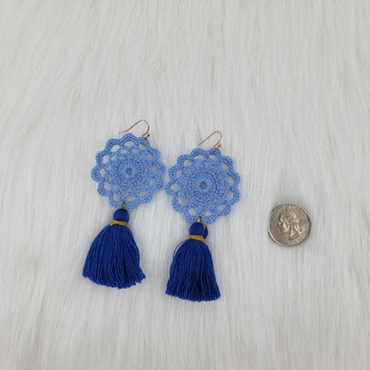 Blue Flower Crochet Earrings With Tassels
