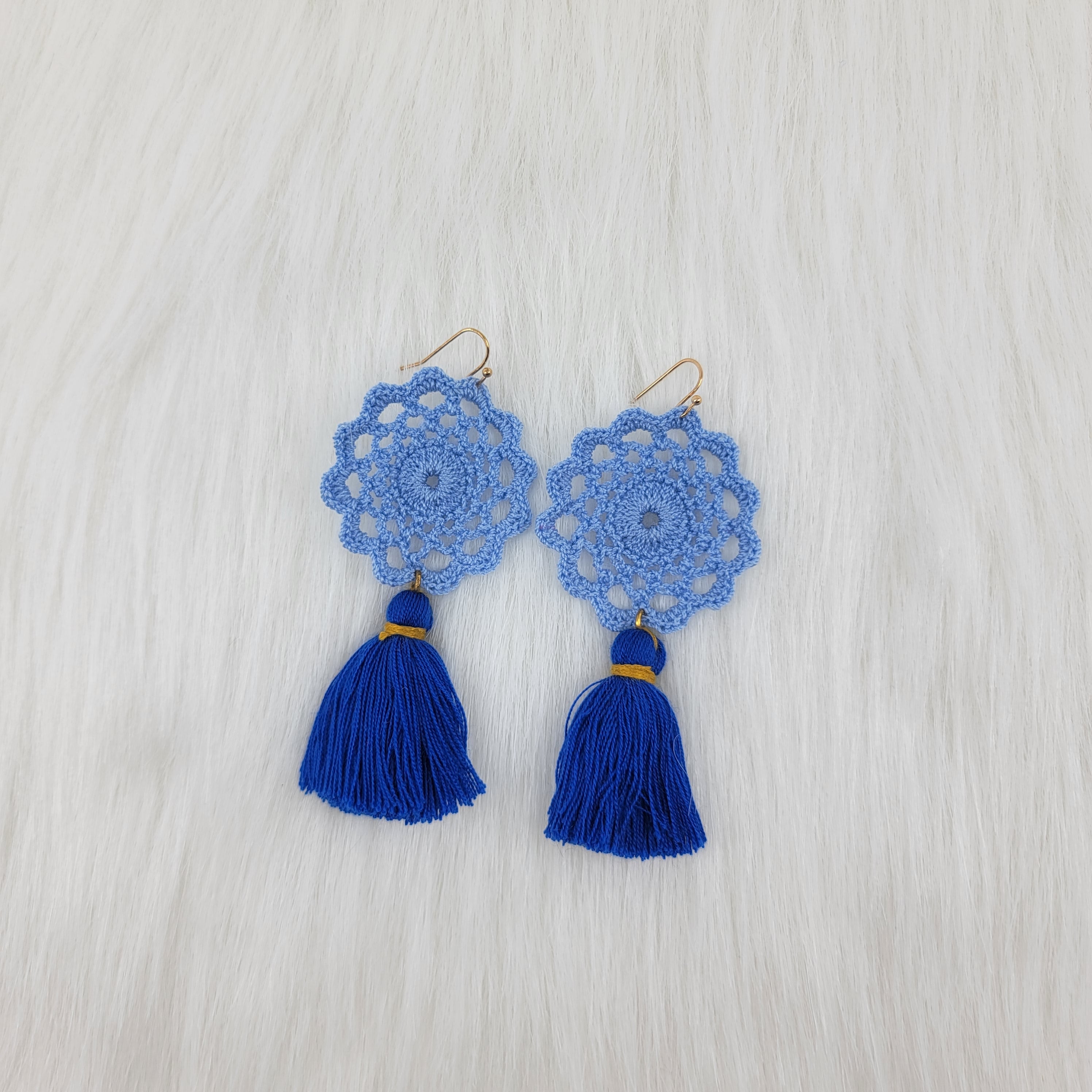 Blue Flower Crochet Earrings With Tassels