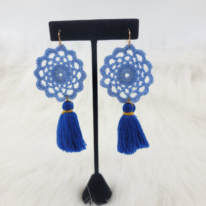 Blue Flower Crochet Earrings With Tassels