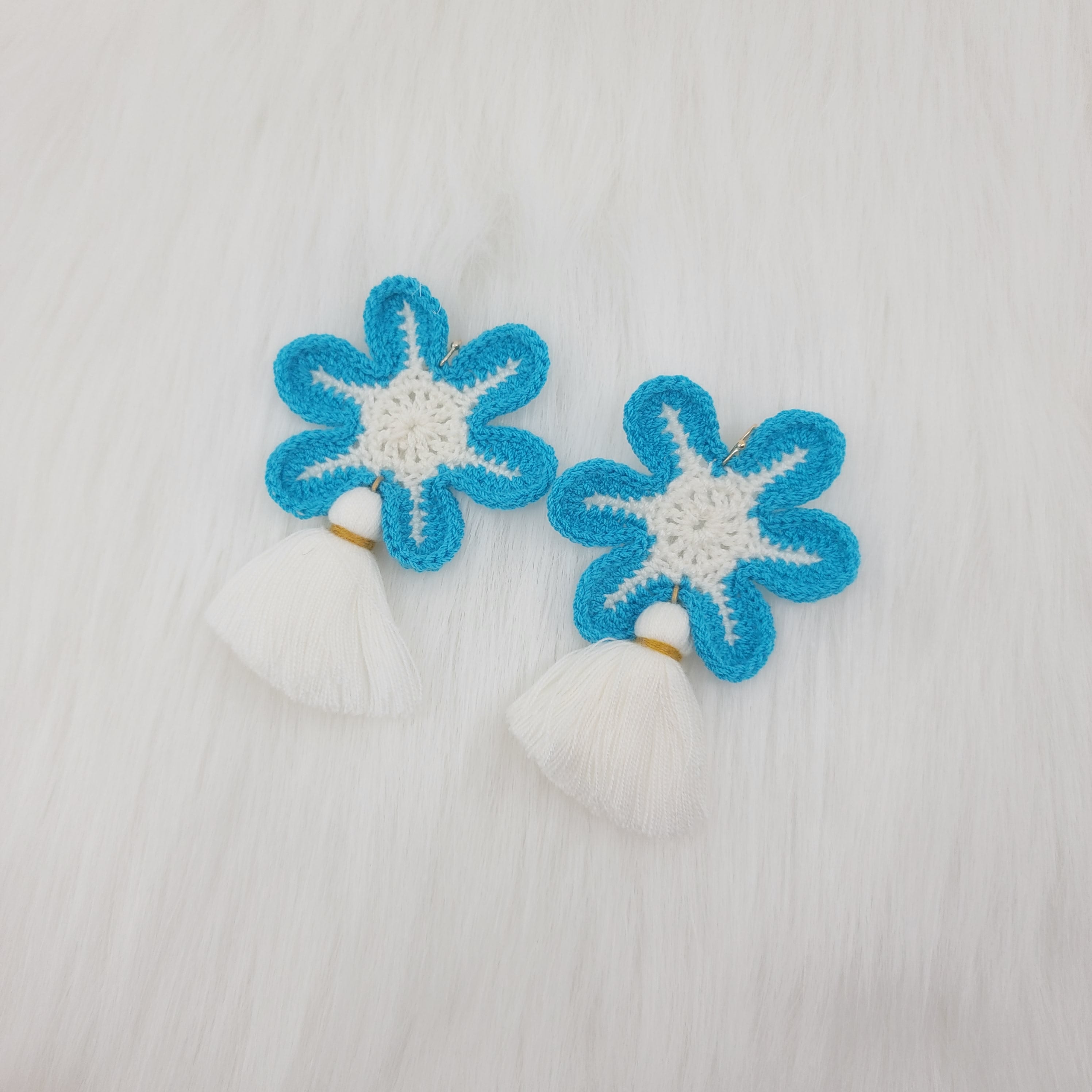 Blue Flower Crochet With White Tassel Earrings
