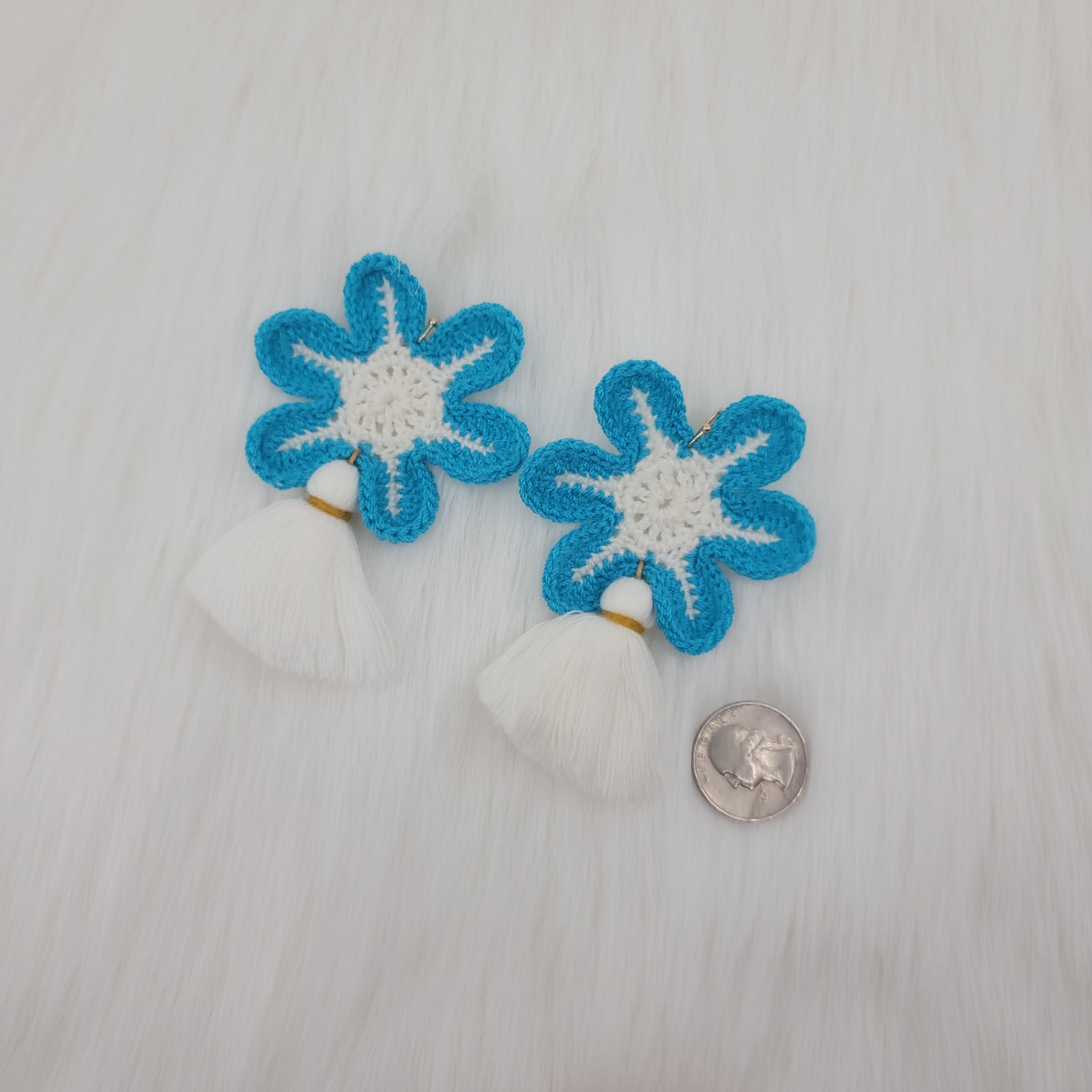 Blue Flower Crochet With White Tassel Earrings