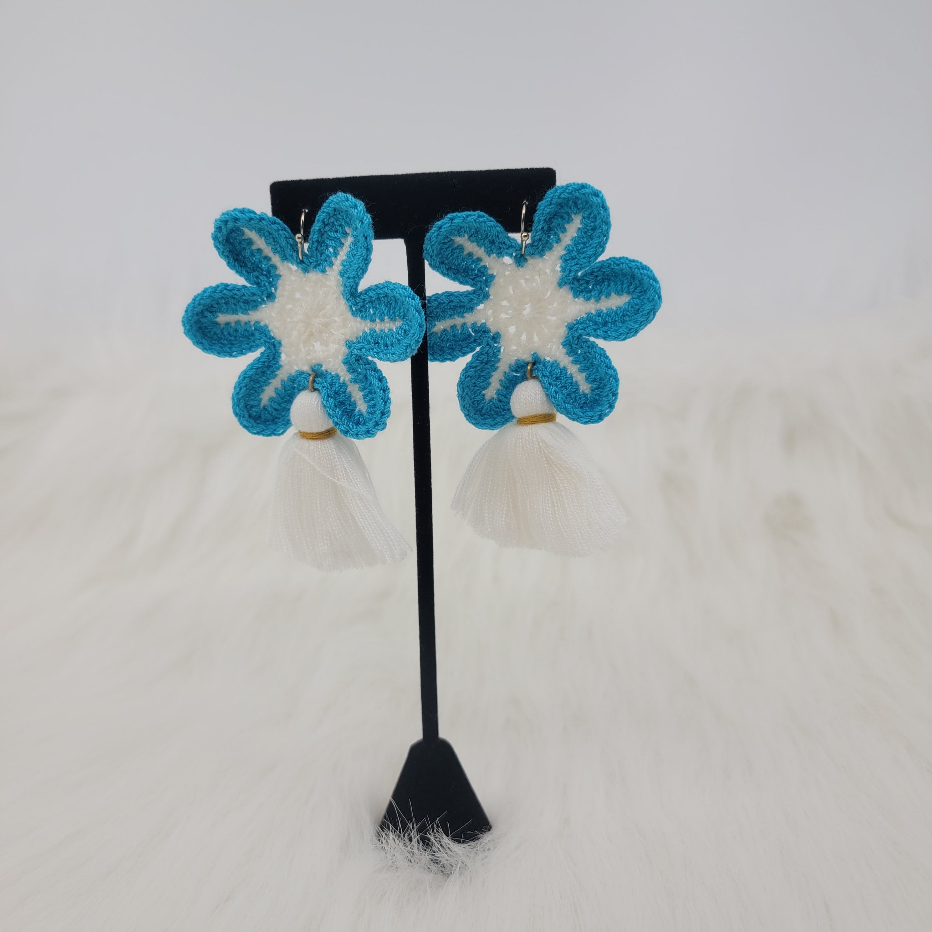 Blue Flower Crochet With White Tassel Earrings