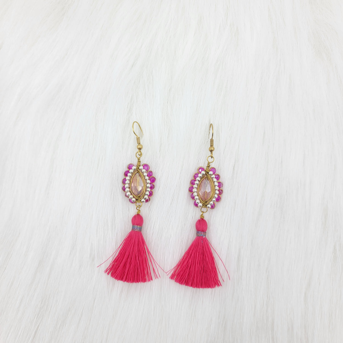 Oval Crystal Wire Wrapped Earrings With Tassels