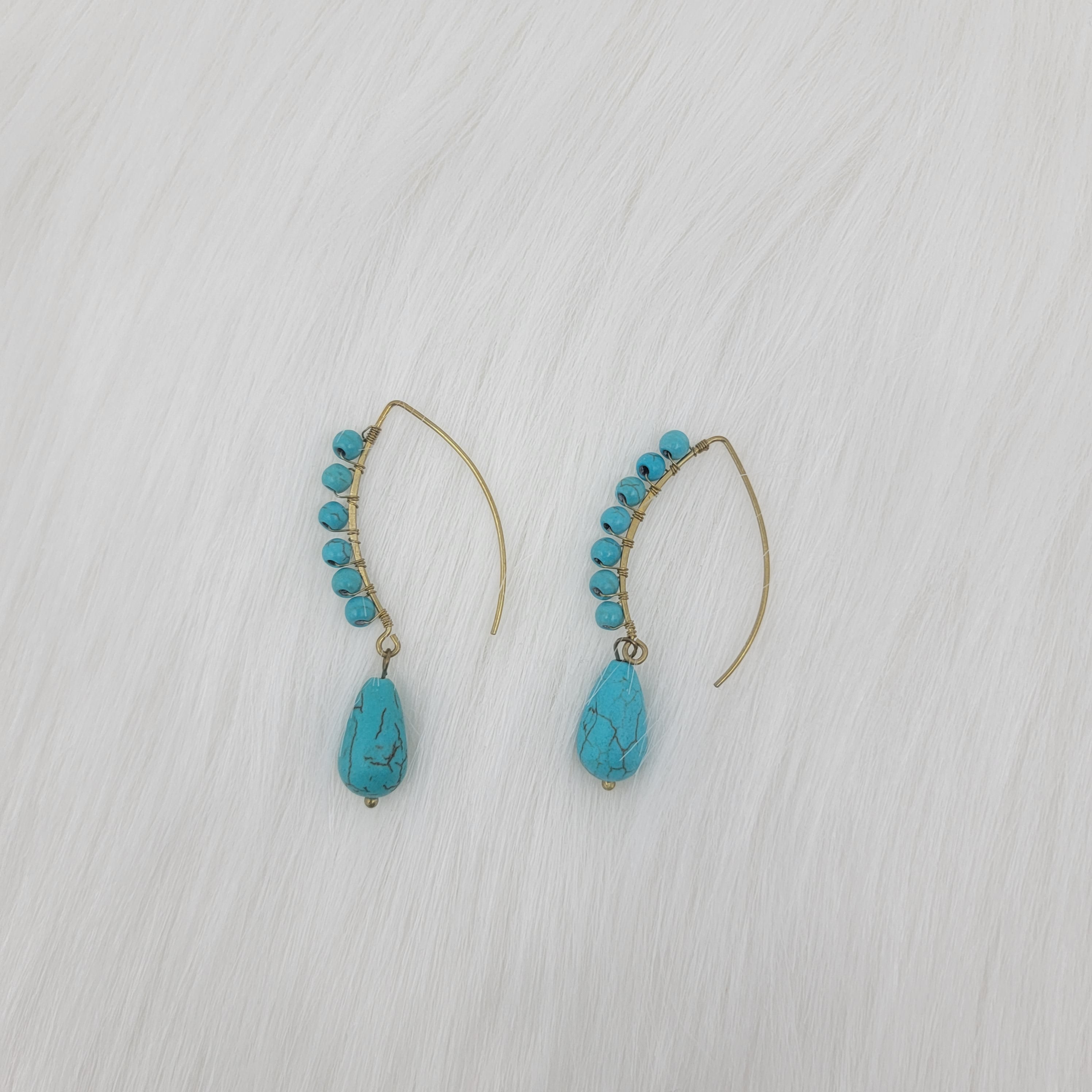 Turquoise Wrapped Brass Hooks Earrings