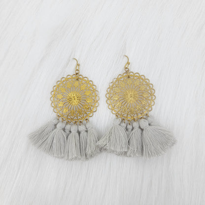 Brass Flower Plate With Tassels Earrings