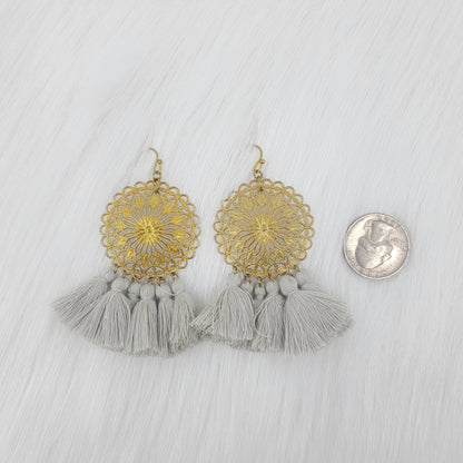 Brass Flower Plate With Tassels Earrings