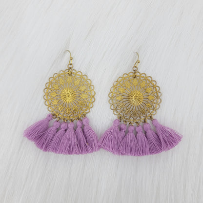 Brass Flower Plate With Tassels Earrings