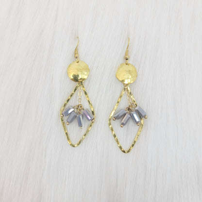 Hammered Diamond Shape Dangle With Crystal Earrings