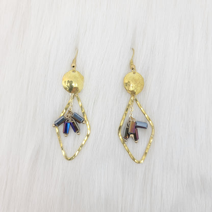 Hammered Diamond Shape Dangle With Crystal Earrings