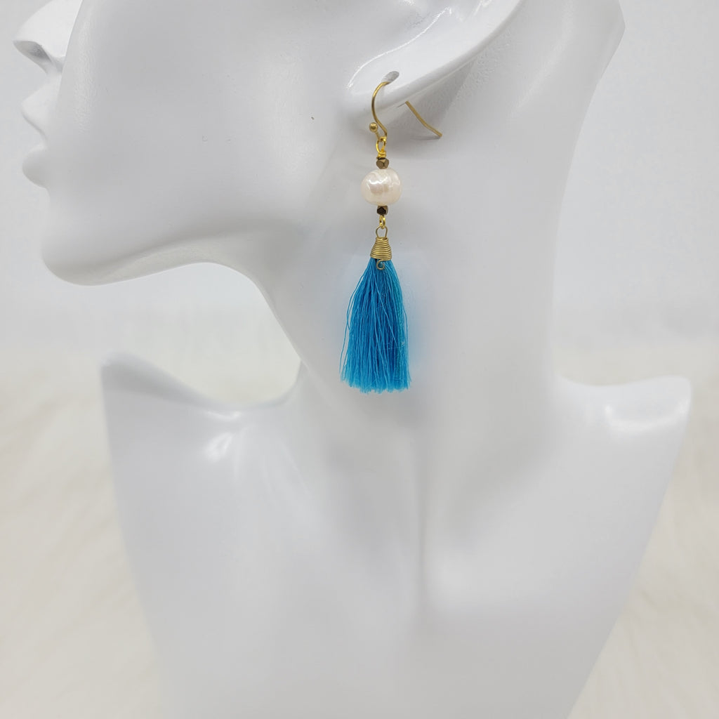 Blue Tassels Earrings With Pearl