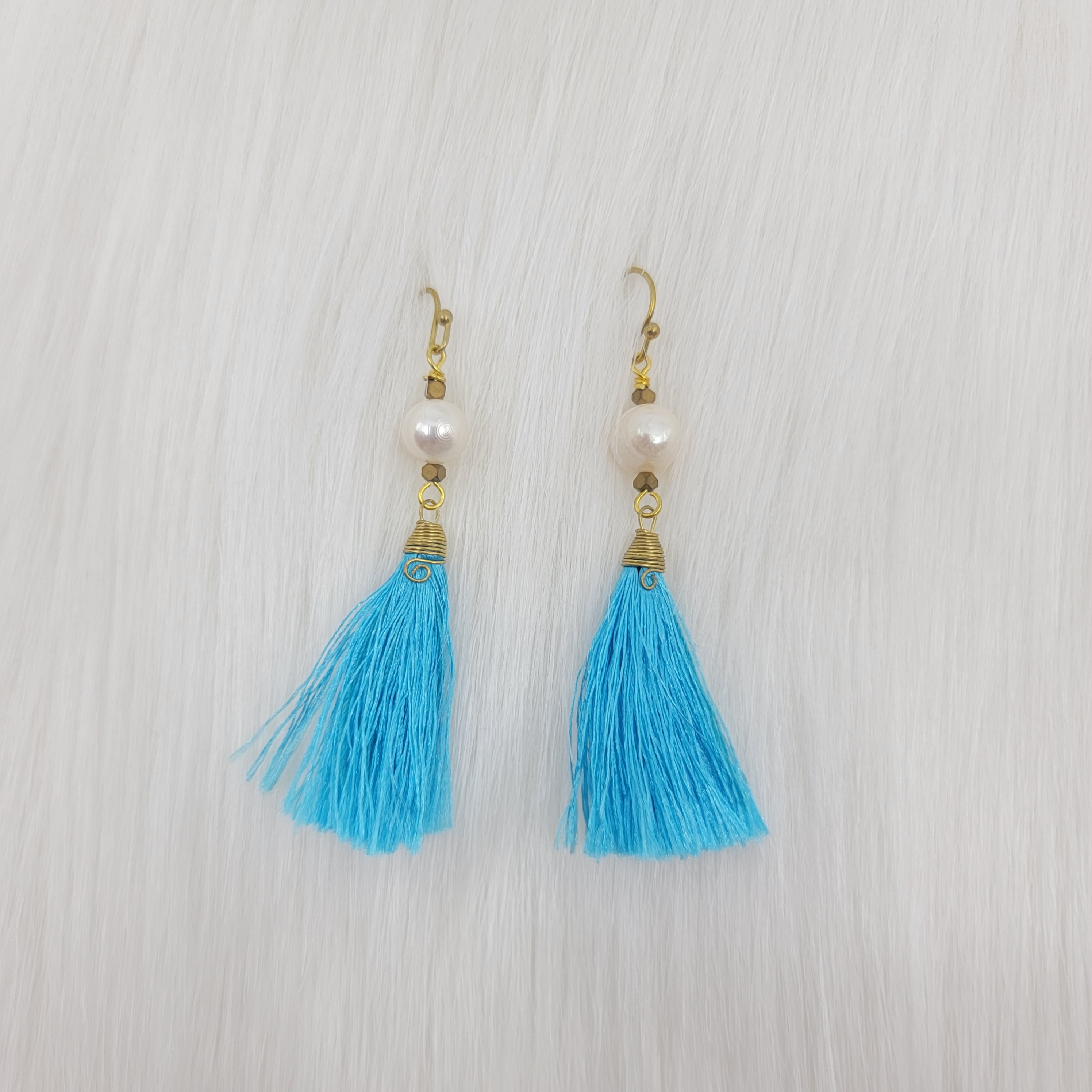 Blue Tassels Earrings With Pearl