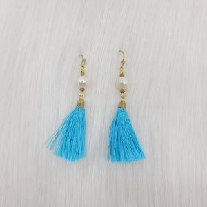 Blue Tassels Earrings With Pearl