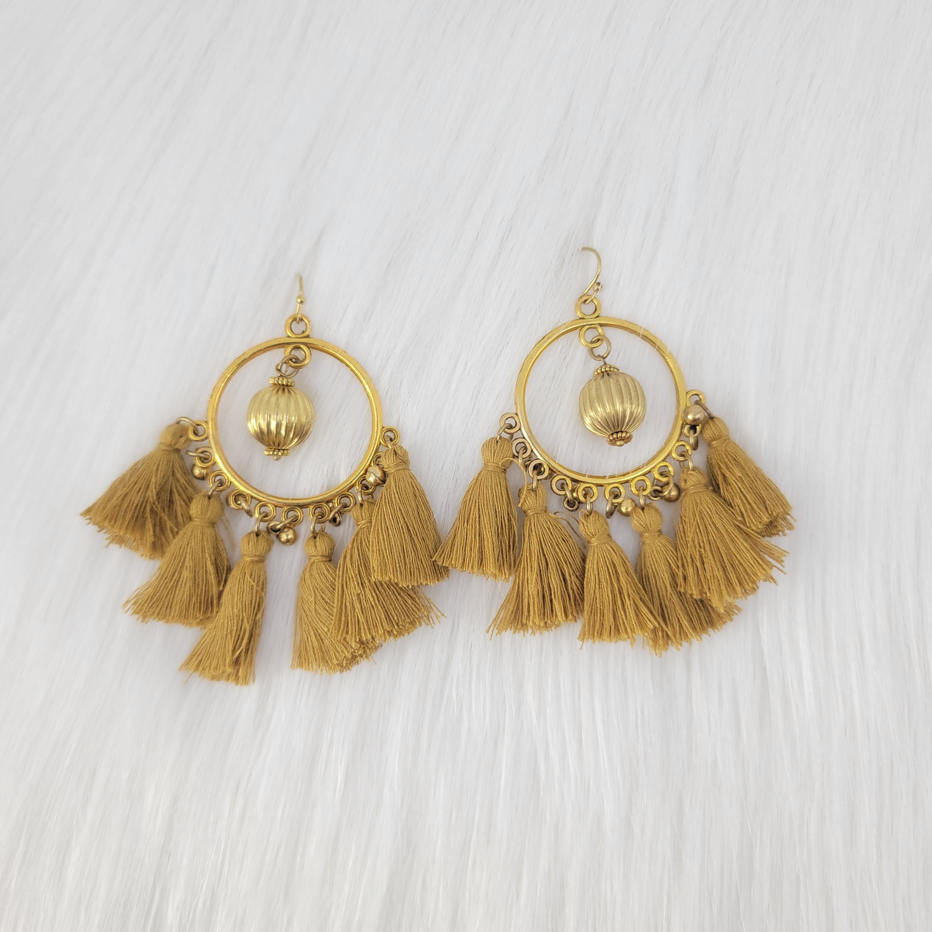 Brass Circle With Mustard Tassels Earrings