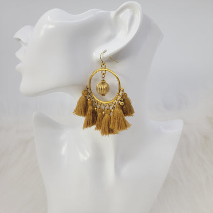 Brass Circle With Mustard Tassels Earrings