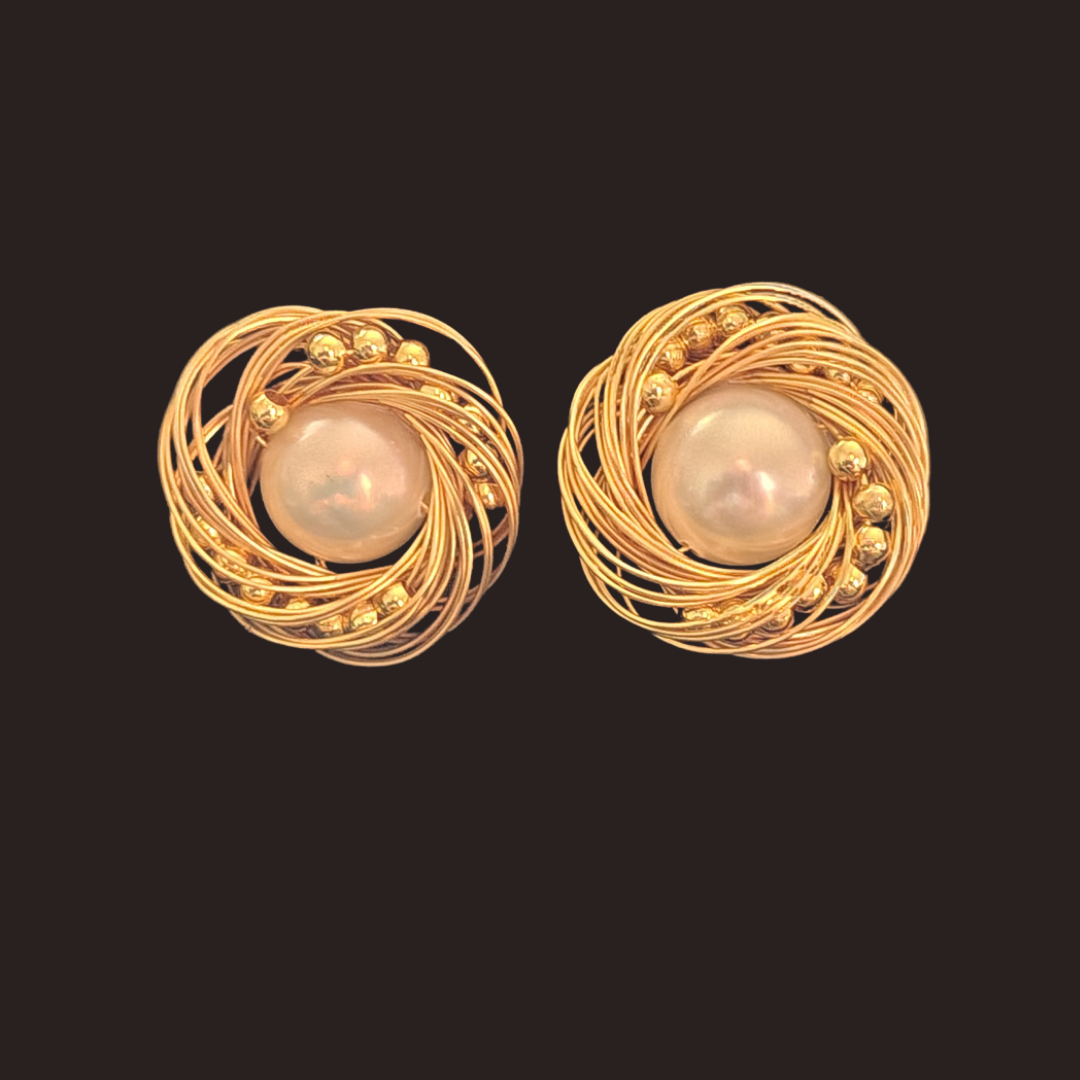 Freshwater Pearl Gold Nest with Gold Beads Stud Earrings