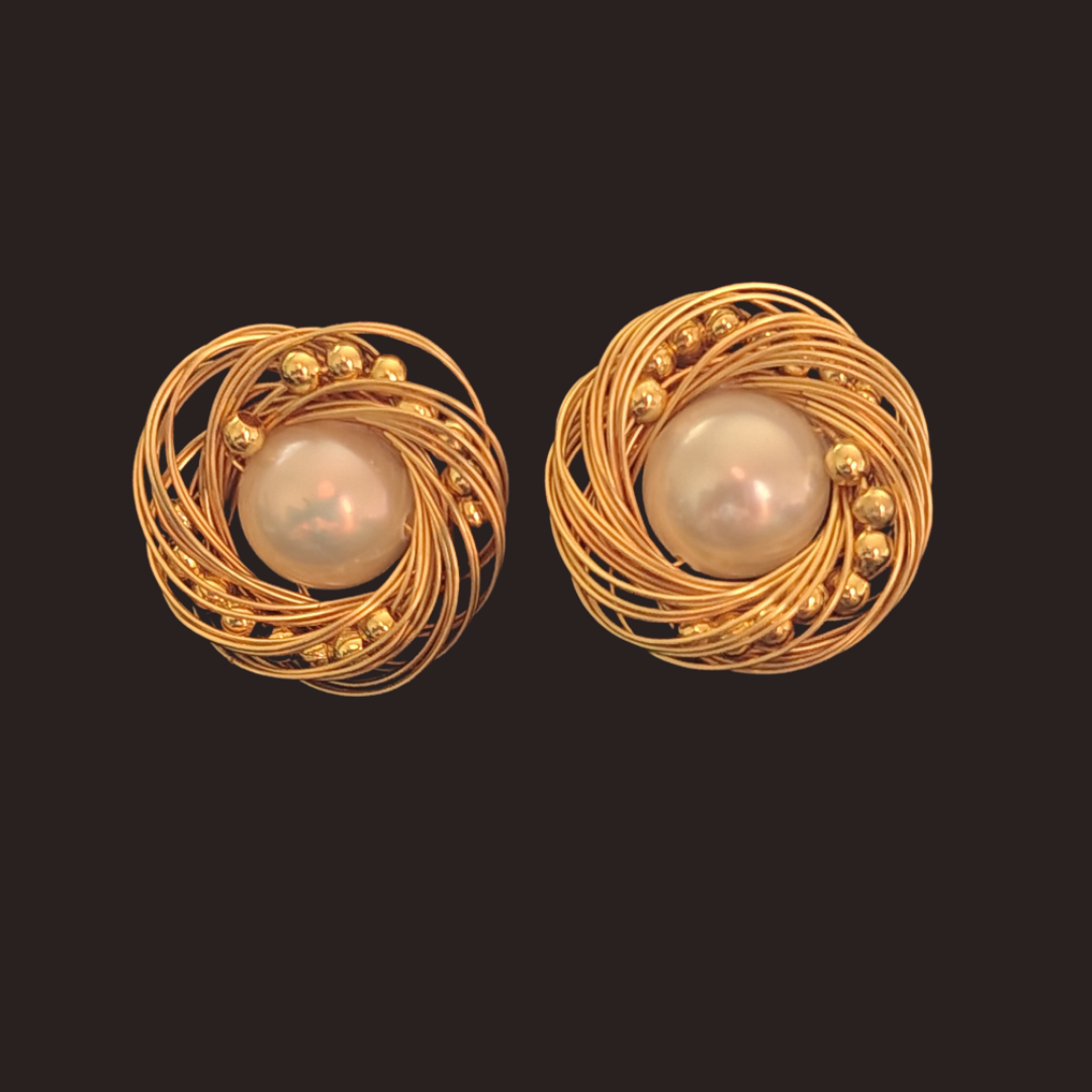 Freshwater Pearl Gold Nest with Gold Beads Stud Earrings