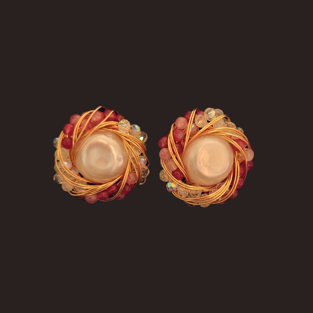 Freshwater Pearl Gold Nest with Strawberry Quartz &amp; Crystal Stud Earrings
