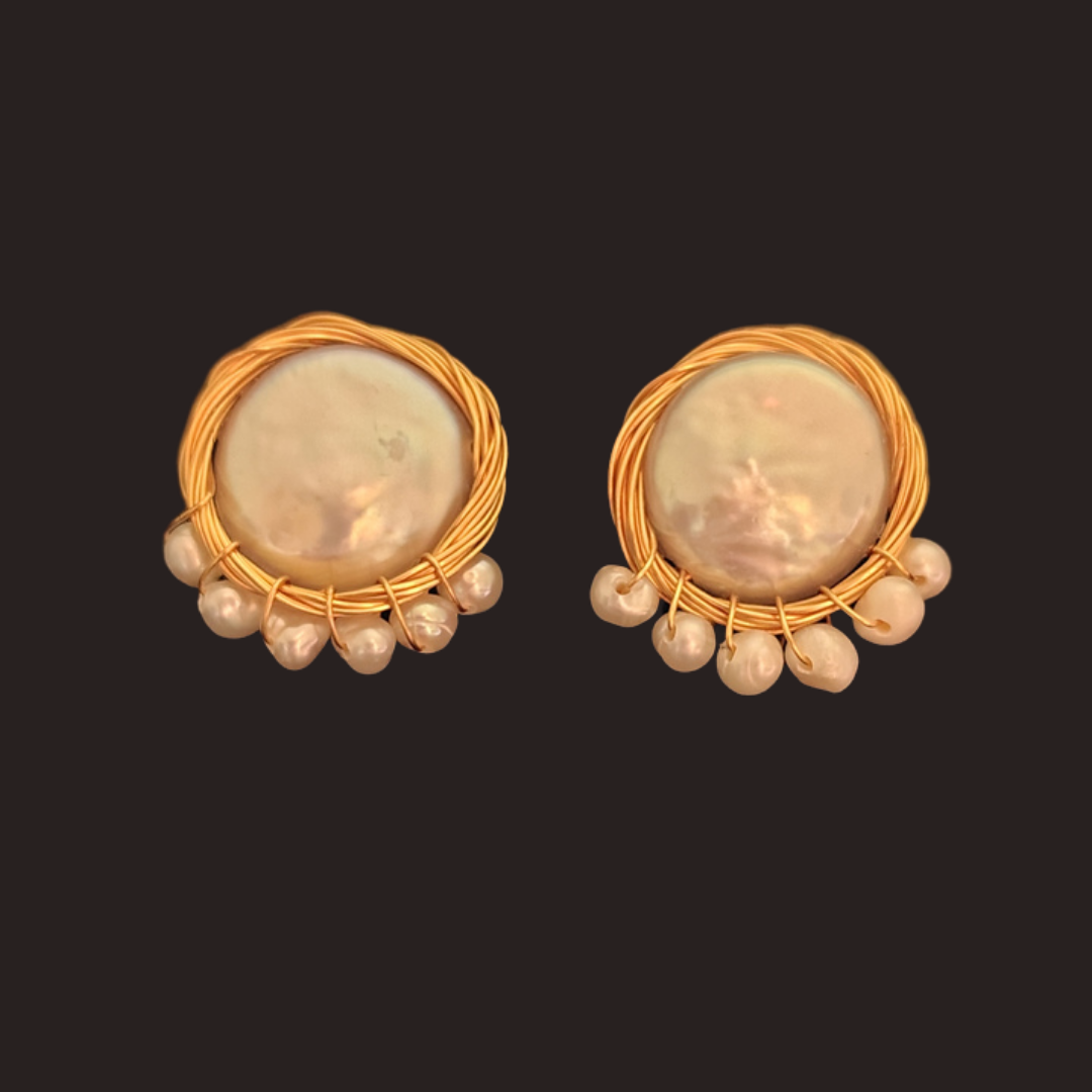 Freshwater Pearl Gold Nest with Mini Pearls Stud Earrings