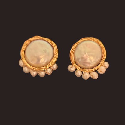 Freshwater Pearl Gold Nest with Mini Pearls Stud Earrings