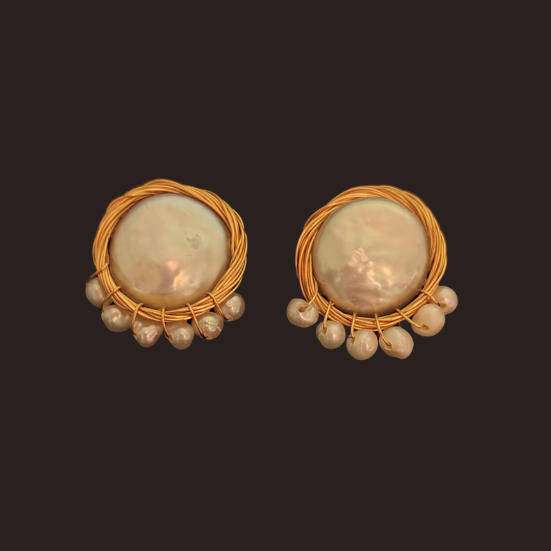 Freshwater Pearl Gold Nest with Mini Pearls Stud Earrings