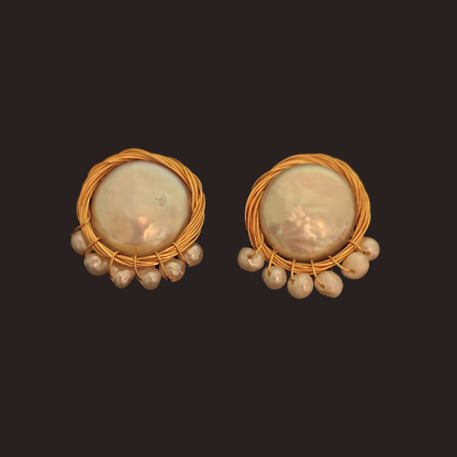 Freshwater Pearl Gold Nest with Mini Pearls Stud Earrings