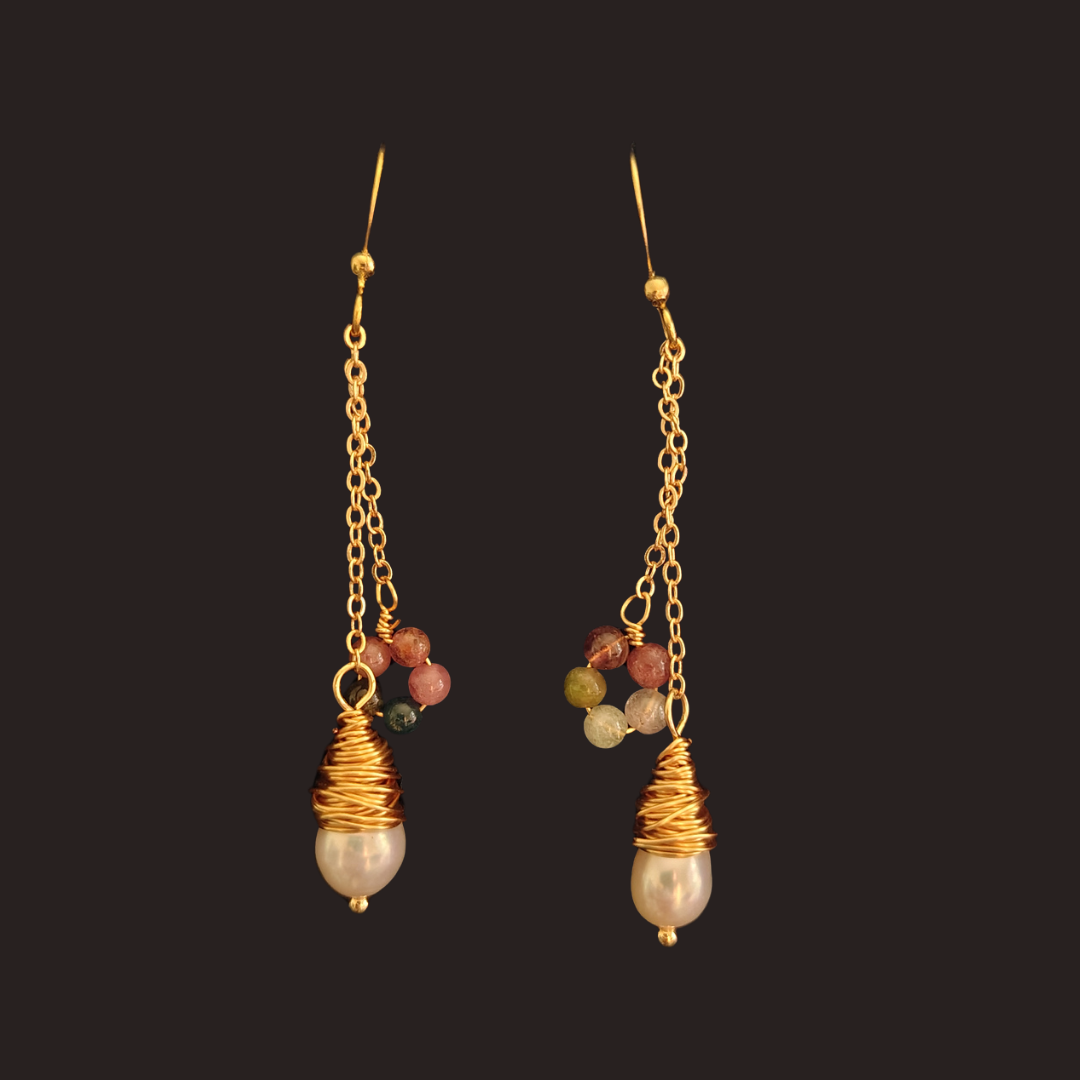 Freshwater Pearl &amp; Multicolor Tourmaline Dangle Earrings