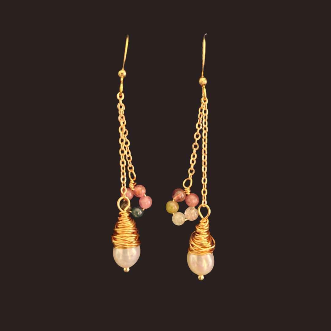 Freshwater Pearl &amp; Multicolor Tourmaline Dangle Earrings