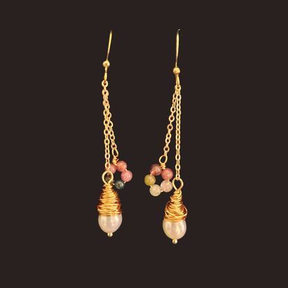 Freshwater Pearl &amp; Multicolor Tourmaline Dangle Earrings