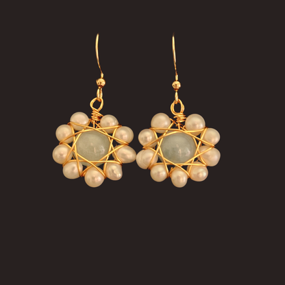 Gold Freshwater Pearl &amp; Aquamarine Flower Dangle Earrings