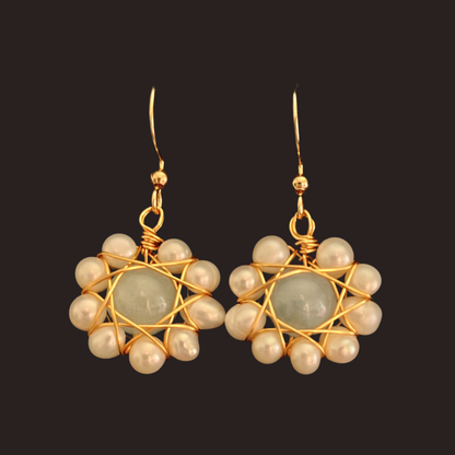 Gold Freshwater Pearl &amp; Aquamarine Flower Dangle Earrings