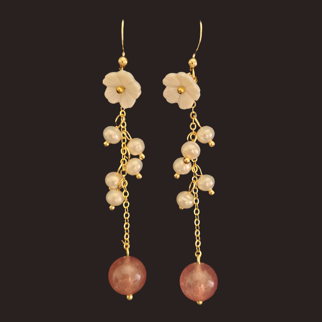 Strawberry Quartz &amp; Freshwater Pearl Flower Earrings