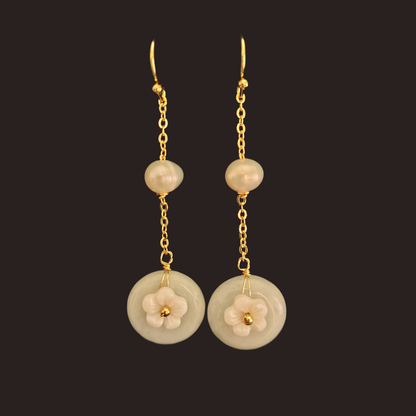 Light Green Jade &amp; Freshwater Pearl Flower Dangle Earrings