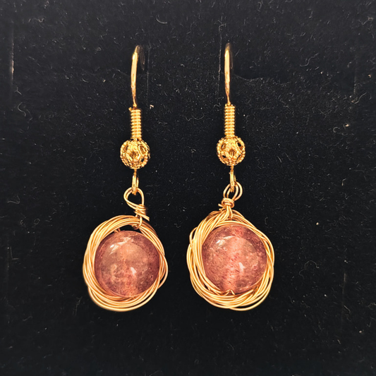 Strawberry Quartz Gold Nest Earrings