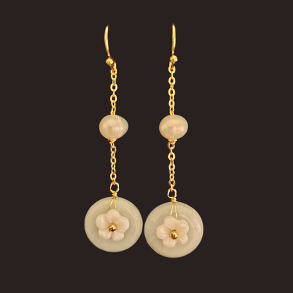 Light Green Jade &amp; Freshwater Pearl Flower Dangle Earrings