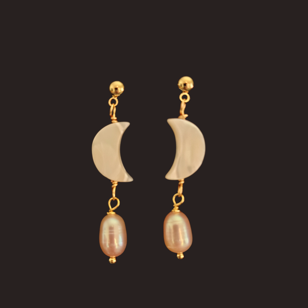 Mother-of-Pearl Crescent Moon &amp; Peach Pearl Dangle Earrings