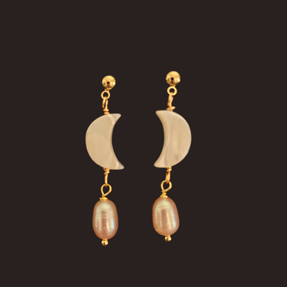 Mother-of-Pearl Crescent Moon &amp; Peach Pearl Dangle Earrings