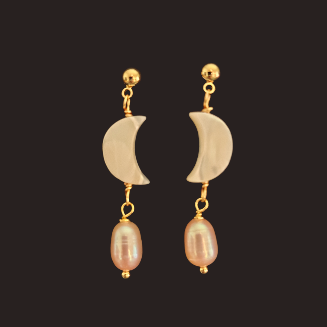 Mother-of-Pearl Crescent Moon &amp; Peach Pearl Dangle Earrings