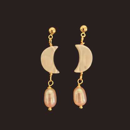 Mother-of-Pearl Crescent Moon &amp; Peach Pearl Dangle Earrings